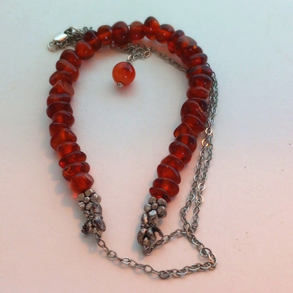 BALTIC AMBER NECKLACE 19 " LONG SILVER PLATED FLOWERS DRAGONFLY - Picture 5 of 6